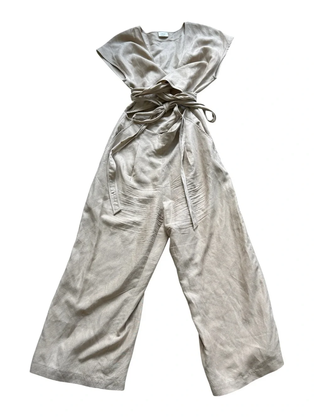 Wilfred by Aritzia Linen Wrap Jumpsuit Tie Waist Wide Leg 10 Beige Minimalist